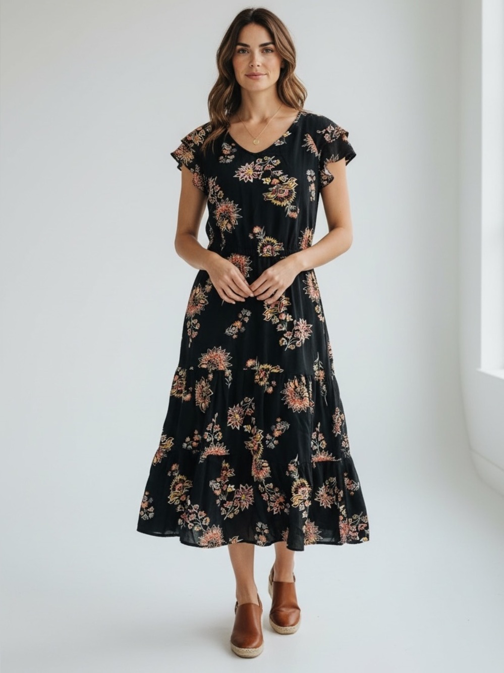 Old Navy Black Floral Print Tiered Midi Dress Women’s Medium Sundress, Spring